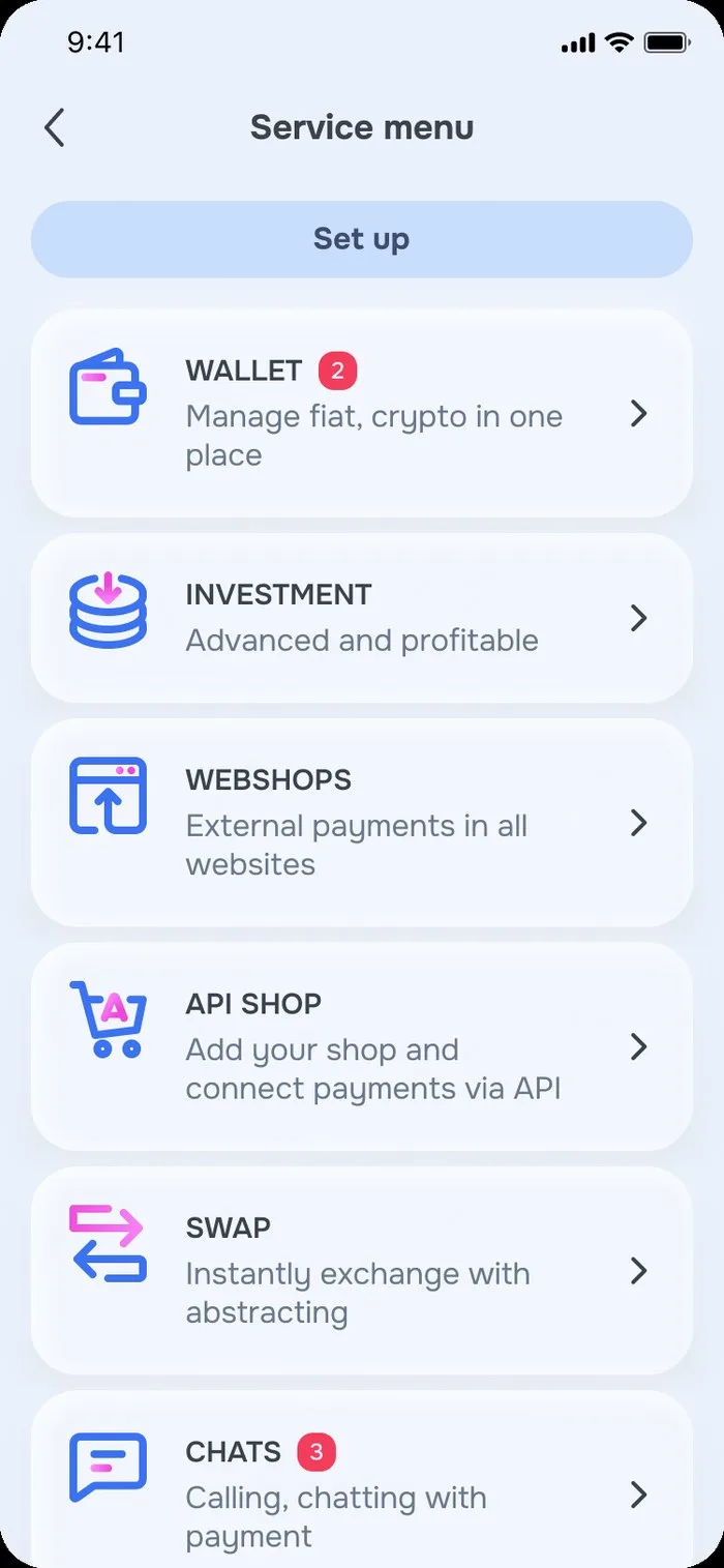 TEDR app Service menu with the API SHOP section