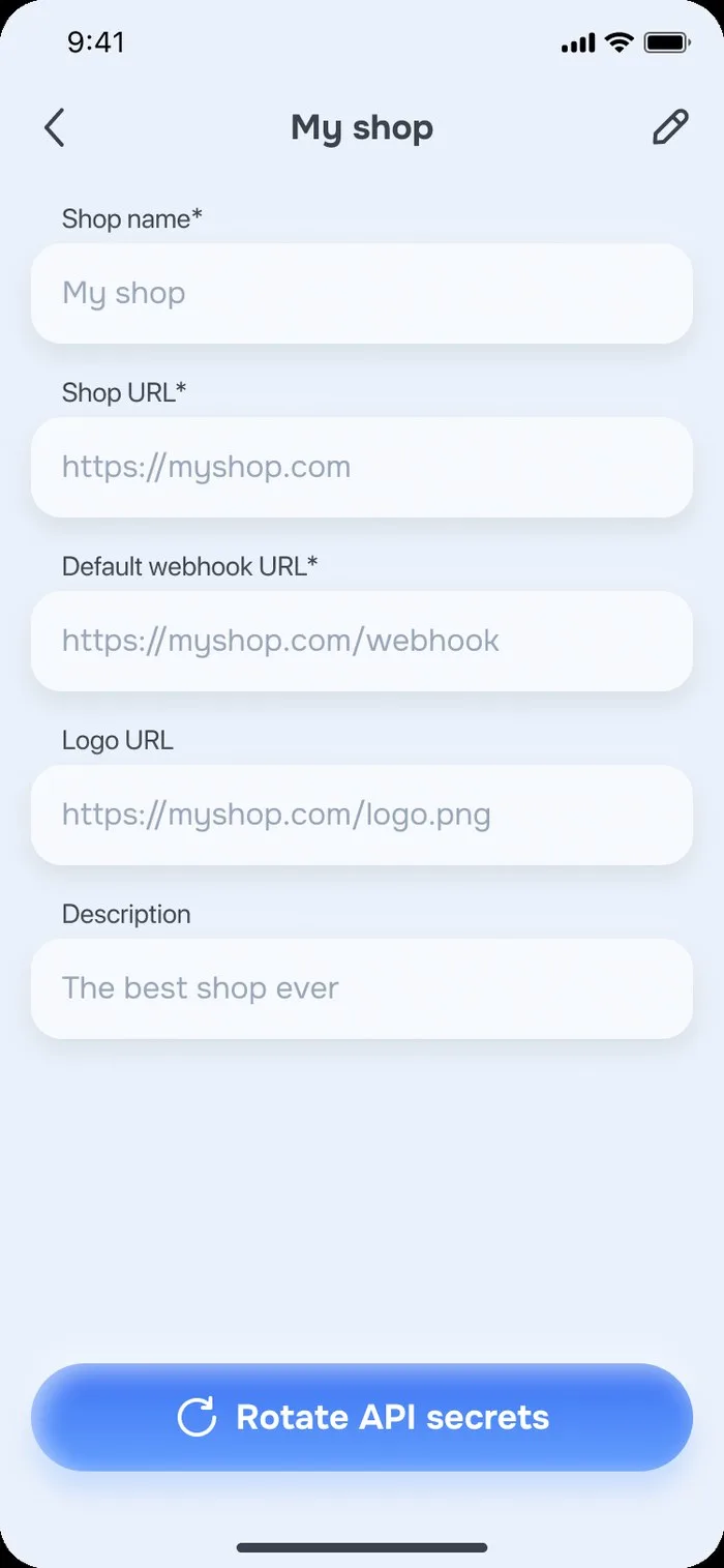 Register your shop form: name, URL, default webhook URL, logo, description
